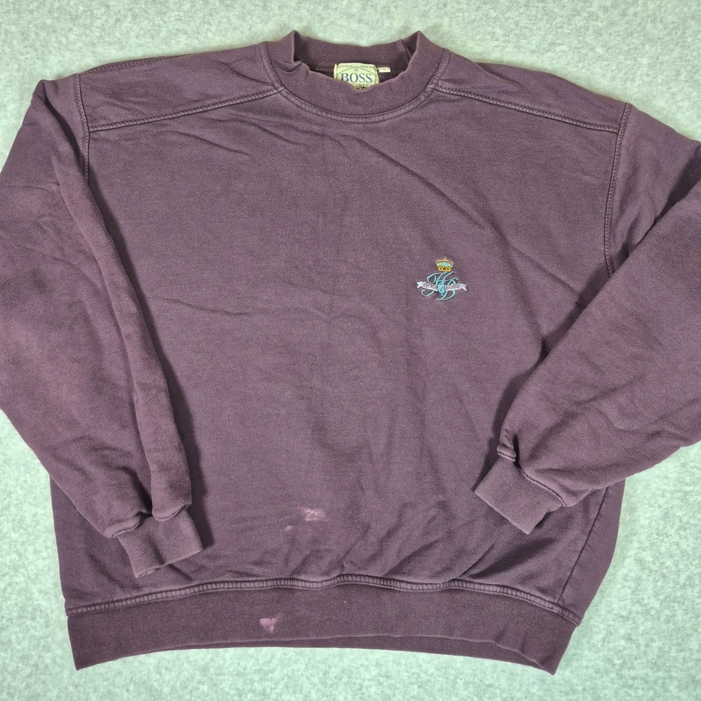 Vintage Hugo Boss Sweatshirt Mens L Purple Twenty Embroidered Crest Logo Cotton